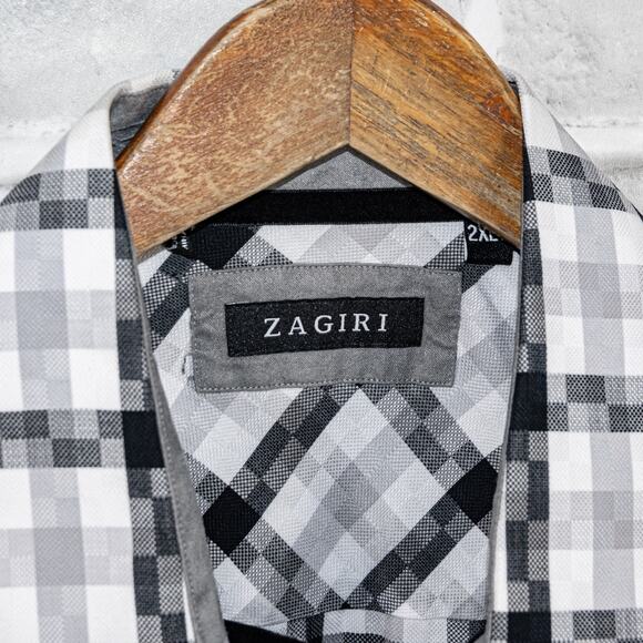ZAGIRI Men's Button up Shirt in White Gray Grid check flip cuffs sz 2XL - Picture 6 of 6